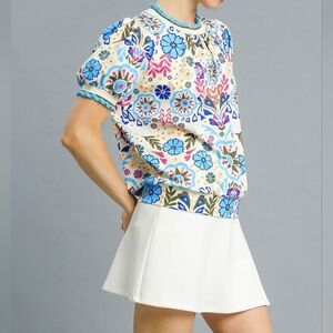 **Umgee Retro Floral Puff Sleeve Top Yellow And Blue Summer 2025
